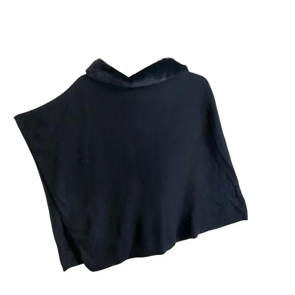 Talbots Black Faux Fur Trim Asymmetrical Hem Cape Poncho Women XS/S Formal Wear - Picture 9 of 14